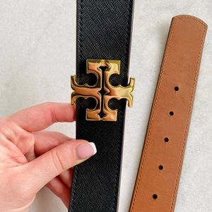 Tory Burch 1.5” Reversible Belt, Size XS, Black/Brown Leather and Gold Logo